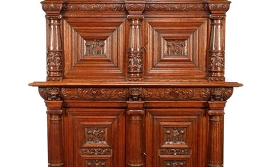 (-), Oak 2-piece richly decorated sculpture cabinet with...
