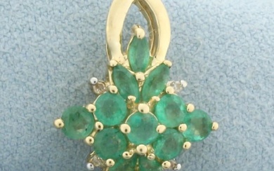 Emerald and Diamond Cluster Pendant in 14k Yellow Gold