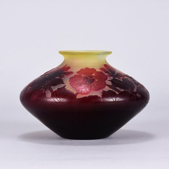Emile Gallé (1846 ~ 1904) French Art Nouveau Cameo Glass Vase. Unusual discus shaped vase decorated with deep red/burgundy wild poppies against a yellow field, signed Gallé in raised red cameo script. Circa 1900. Height 12cm.