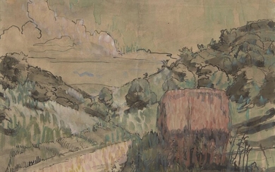 Émile Henri Bernard, French 1868-1941- Paysage; encre on chine on sketchbook paper with watercolour, signed lower left, 29.8 x 39.4cm Provenance: Private Collection, London Note: This work is accompanied with a print by the artist, that was at one...
