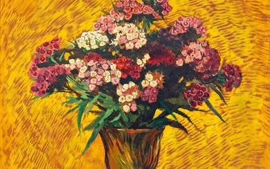 Émile LECOMTE (1866-1938) Bouquet d'oeillets dans un vase, 1934 Huile sur carton Signé et daté...