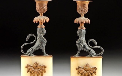 Empire Revival Marble Candlesticks w/ Brass Sphinx