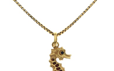 Enamelled 18ct yellow gold seahorse pendant necklace