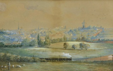 English School, mid 19th century, watercolour - View of Colchester with a steam train in the foreground, 22cm x 35cm, in glazed frame