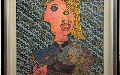 Enrico Baj "Donna seduta" 1972 multiplo a tecnica mista cm 100x69 firmata e nume
