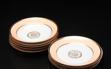 European Peach and Gilt Rimmed Porcelain Dinner Plates with Floral Medallion
