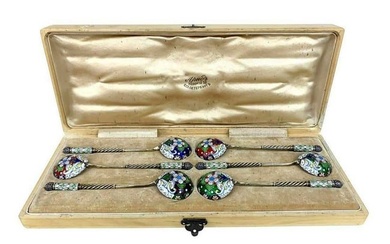 FABERGE - RUSSIAN SILVER ENAMELED 6 TEA SPOONS