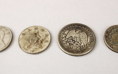 FOUR CHINESE WHITE METAL CURRENCY COINS, 4.5cm, 3.8cm