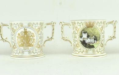 FOUR ROYAL CROWN DERBY BONE CHINA TWIN-HANDLED LOVING CUPS