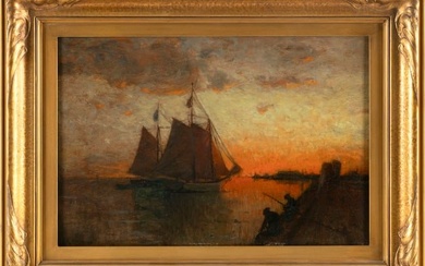 FRANK KNOX MORTON REHN (Pennsylvania/Massachusetts, 1848-1914), A gaff-rigged vessel under sunset