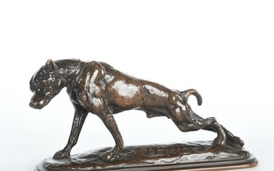 FREMIET Emmanuel. (1824-1910). « Chien s’étirant ». Bronze à patine brune nuancée. Fonte de MORE....