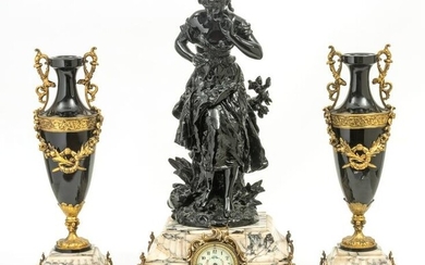 FRENCH BRONZE & MARBLE CLOCK SET, AFTER AUGUSTE MOREAU