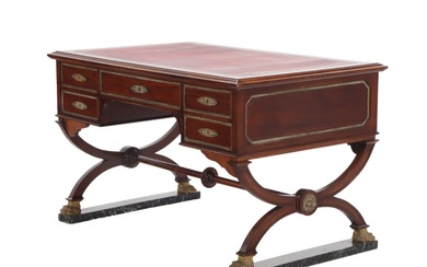 FRENCH EMPIRE STYLE LEATHER TOP MAHOGANY WRITING DESK HAVING BRONZE...