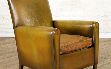 FRENCH LEATHER CLUB CHAIR INTERESTING LEMON COLOR