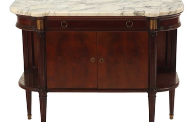 FRENCH MAHOGANY LOUIS XVI STYLE MARBLE TOP SERVER WITH TWO...