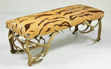 Faux Antler Bench with Tiger Printed Cowhide Upholstery