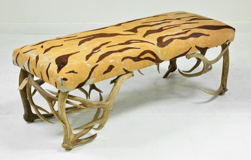 Faux Antler Bench with Tiger Printed Cowhide Upholstery