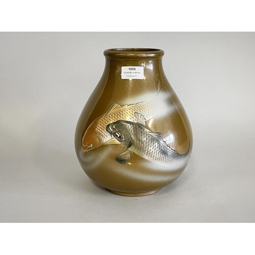 Fine antique Japanese bronze vase, decorated in low relief w...