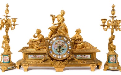 Fine quality large 19th century French ormolu clock garniture by Lerolle à Paris with Sèvres porcelain panels
