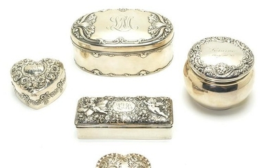 Five Sterling Silver Repousse Boxes Including Gorham.