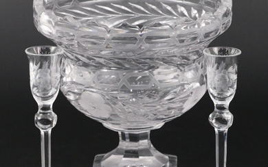 Floral Motif Crystal Pedestal Bowl with Etched Glass Candlesticks