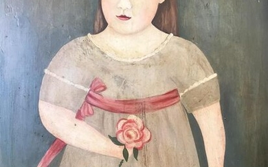 Folk Art Painting Wood Panel, Girl W Flower