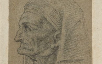 Follower of Leonardo da Vinci, late 16th Century, Italian 1452-1519- Old woman, head and shoulders, in profile to the left and wearing a head covering; black chalk on laid paper. bears inscription ‘An. Carracci’ (lower right); bears collector's...