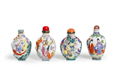Four Chinese famille rose moulded snuff bottles Late Qing dynasty/Republic period, apocryphal...