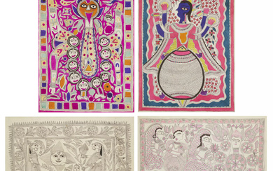 Four Madhubani paintings, each cd. 77x57 cm; 20th century, all...