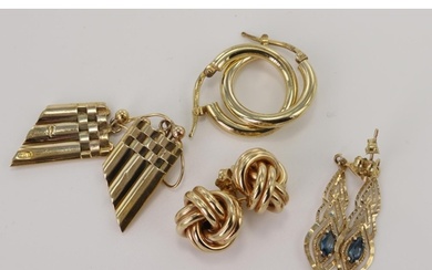 Four pairs of 9ct yellow gold earrings, one pair set with Lo...