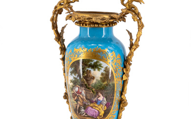 France | LARGE PORCELAIN VASE WITH TURQUOISE GROUND, PARK SCENE AND BRONZE MOUNTINGS