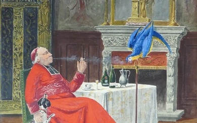 François Joseph GIROT (1873-1916) Cardinal à l'Ara bleu et Cardinal à la lecture. Paire d'aquarelles...