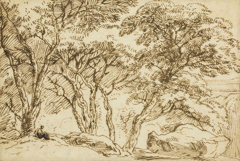 Franz Kobell, German 1749-1822- Wooded landscape with a figure seated by a tree; pen and brown ink on paper, 13.9 x 20.7 cm. Provenance: Private Collection, UK.