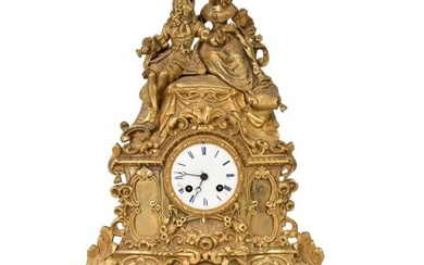 French Dore Bronze Figural Mantel Clock, C. 19th Century - A gilt bronze mantel clock featuring a