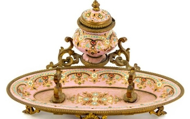 French Dore Pink Jeweled Enamel Bronze Pen Rest Inkwell