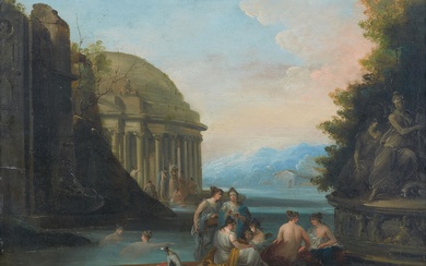 French School 18th century - Capriccio with Figures Bathing