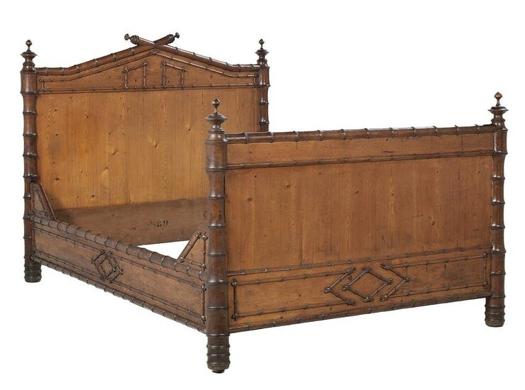 French Stained Pine and Faux Bamboo Bedstead