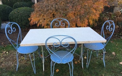French Terrazzo-Topped Garden Dining Set for Four, Table Signed "Godin"