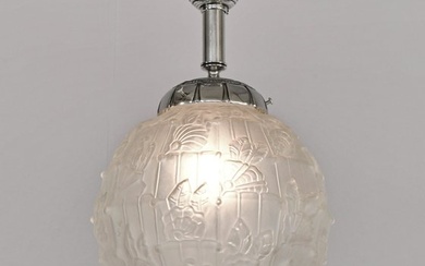 French art deco ceiling light by Charles Ranc - Hanging lamp - Glass, nickeled brass and bronze