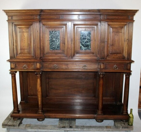 French walnut bookcase cabinet with marble plaques