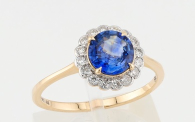 [GIA Certified]-Sapphire (1.26) Cts Diamond (0.20) Cts (16) Pcs - Ring - 14 kt. White gold, Yellow gold