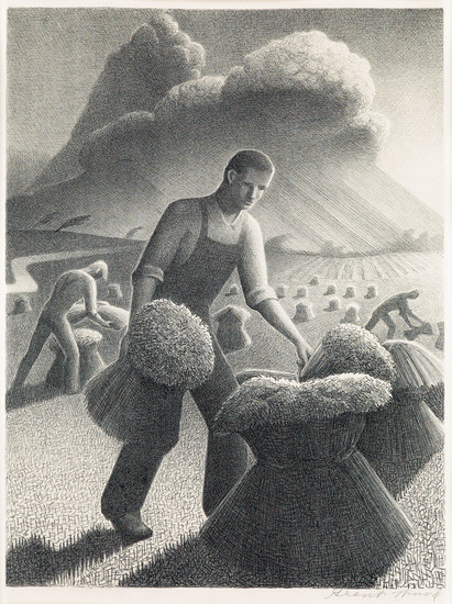 GRANT WOOD Approaching Storm. Lithograph, 1940. 302x225 mm; 11 3/4x8 7/8 inches, full...