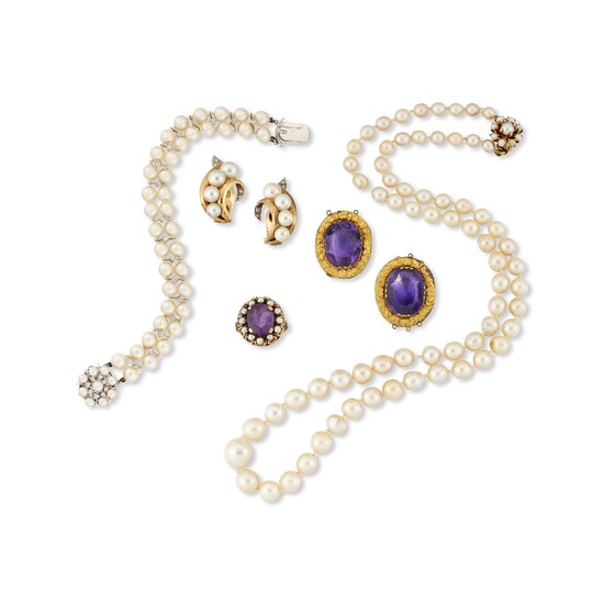 GROUP OF CULTURED PEARL, AMETHYST AND DIAMOND JEWELLERY