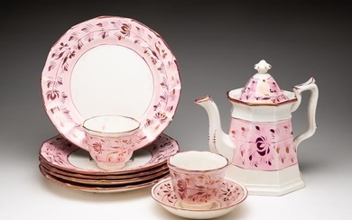 GROUP OF IRONSTONE WITH PINK LUSTER DECORATION.