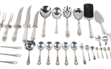 GROUP OF SILVER AND UNMARKED FLATWARE AND SERVING PIECES