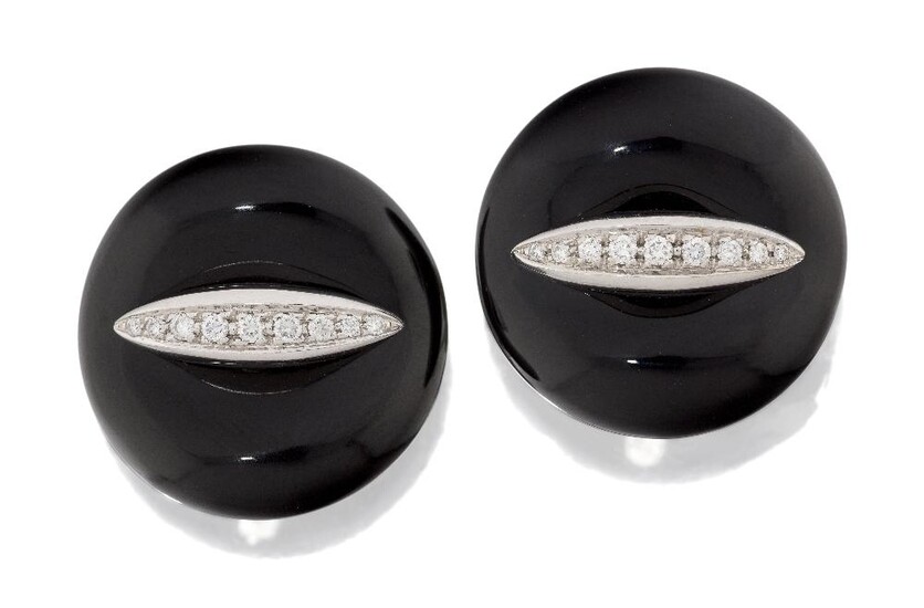 Gavello, A pair of onyx and diamond earclips, by Gavello, each of stylised button design, the onyx discs with applied brilliant-cut diamond navette-shaped motif, signed Gavello, stamped 750, approx. width 2.3cm