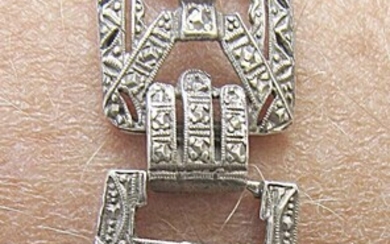 German Art deco silver sterling 935 panel bracelet set with rhinestones, 26 gr. Art craft. Engraving