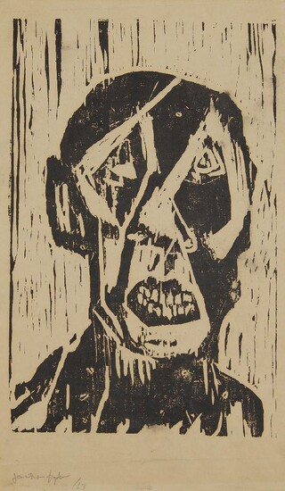 German Expressionist School, Mid-20th century- Distorted face, 1963; woodcut on wove, signed and dated in pencil, 43 x 26cm (mounted/unframed)