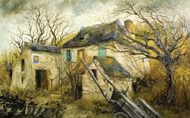 Gilles Fabre. Carriole devant la maison. (Noailhac en Corrèze). Huile sur toile. Signée. 54 x 73 cm.