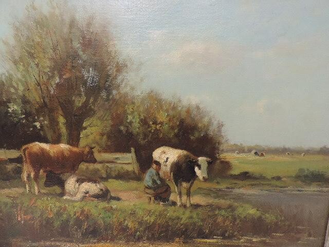 Gilt Framed 19th Century Dutch Oil of Cows Milking...